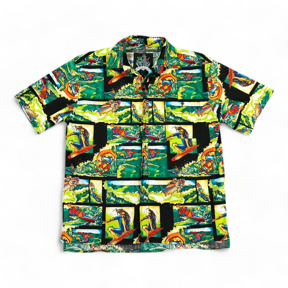 Nicole Miller Hawaiian Shirt Womens EXTRA LARGE Green Black Surfing Water Sports